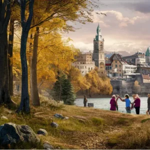 grupa ludzi na wycieczce w lesie w jesienny dzień