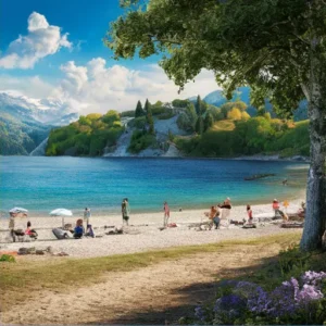 Ludzie wypoczywający nad jeziorem w letni dzień